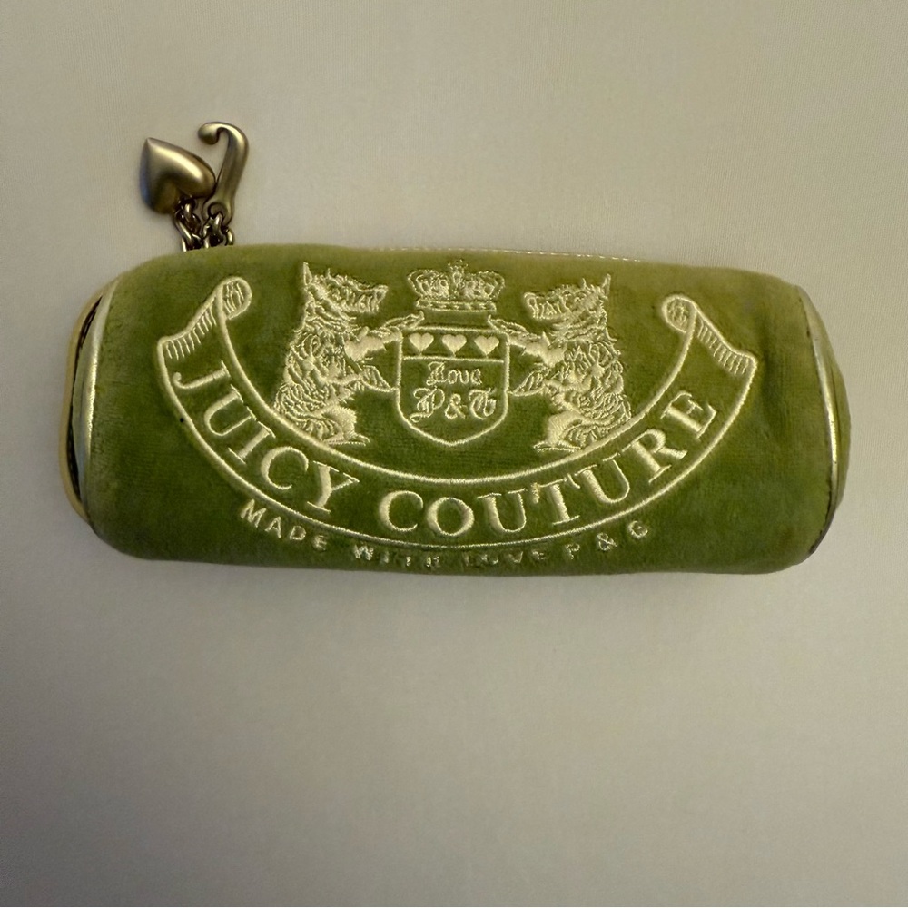 Vintage Juicy Couture Y2K Green Terry Makeup Brush/Pencil Case with Heart Charm